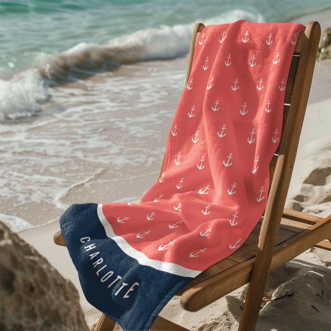 Serviette De Plage Couleurs personnalisées Ajouter un nom Ancre nauti (Créateur téléchargé)