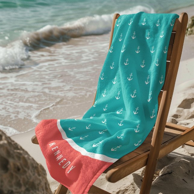 Serviette De Plage Couleurs personnalisées Ajouter un nom Ancre nauti (Créateur téléchargé)