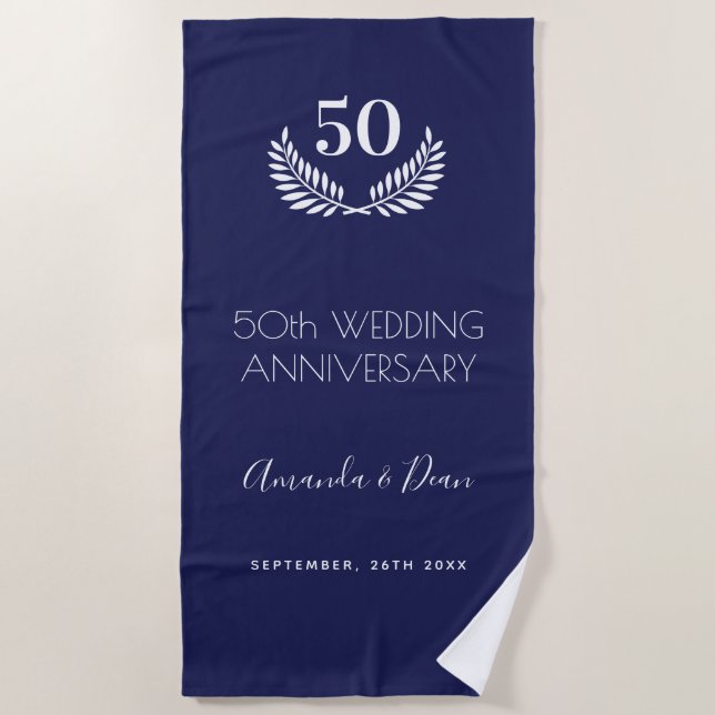 Serviette De Plage Couronne bleue blanche 50e anniversaire du mariage (Devant)