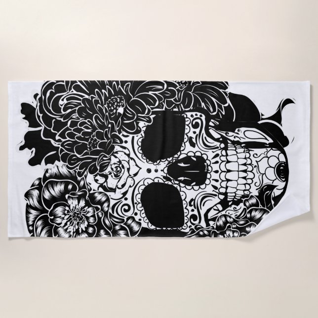 Serviette De Plage Crâne à sucre avec fleurs en noir et blanc (Devant)