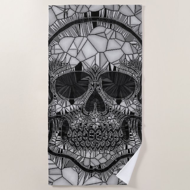Serviette De Plage Crâne en verre de mosaïque, blanc noir (Devant)