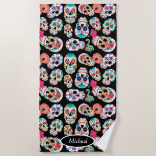 Serviette De Plage Crânes de sucre de Boho sur le noir