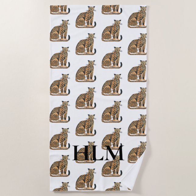 Serviette De Plage Cream Gold Leopards Animal Monogramme (Devant)