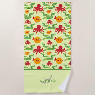 Serviette De Plage Créatures océaniques colorées Motif monogramme