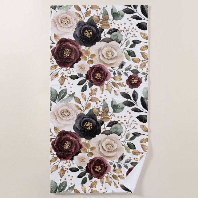 Serviette De Plage Crème Bourgogne Floral noir (Devant)