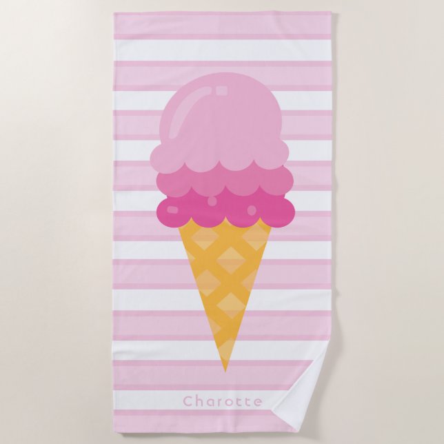 Serviette De Plage crème glacée rose rayures blanches monogramme (Devant)