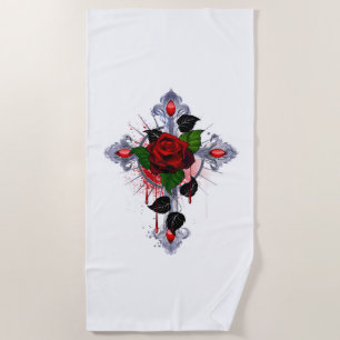 Serviette De Plage Croix d'argent avec une rose rouge