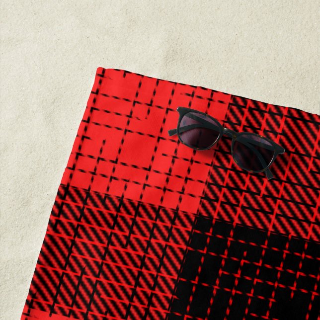 Serviette De Plage Croix Hachurée Rouge Noir Buffalo Check (En situation)
