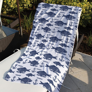 Serviette De Plage Croquis vintage Poisson nautique, Vagues et Ancre 