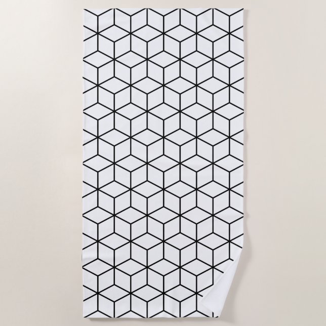 Serviette De Plage Cubes 3D Ligne noire géométrique sur Motif Rpt bla (Devant)