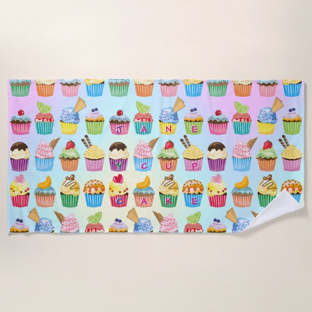 Serviette De Plage Cupcakes Ajoutez Votre Nom Monogramme Muffin Cute  (Devant)