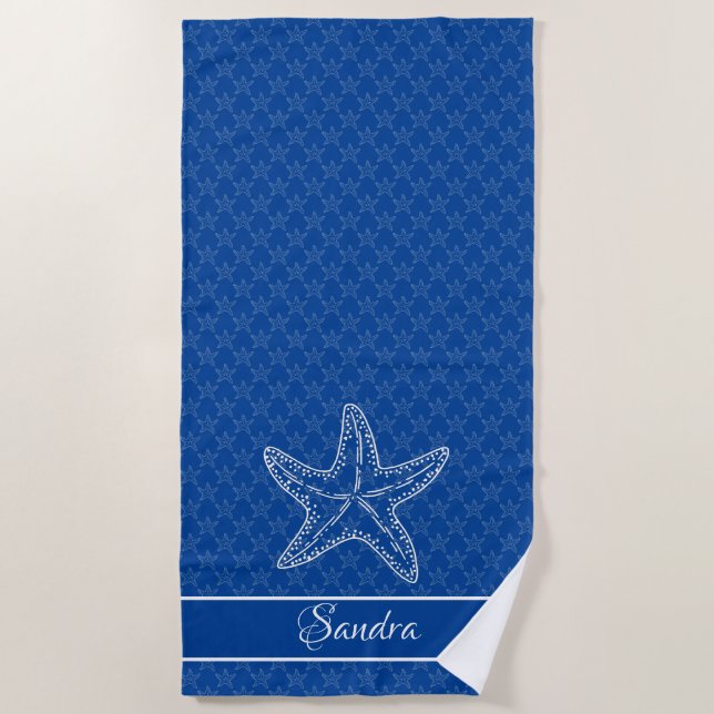 Serviette De Plage Custom Bright Bleu Blanc Chic Maison de plage Star (Devant)