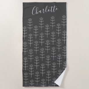 Serviette De Plage Cute Black Floral Line Art Personnalisé