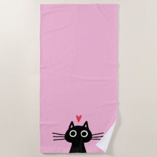 Serviette De Plage Cute Chat noir au coeur