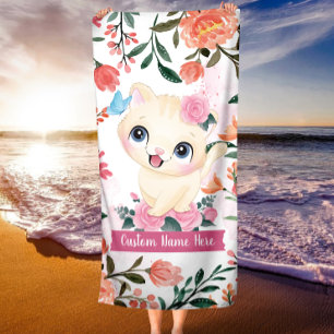 Serviette De Plage Cute Chat Roses Roses Roses Roses Roses Fleurs Ros