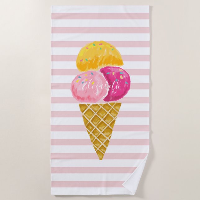 Serviette De Plage Cute Girl Cool Crème de glace rayures roses (Devant)