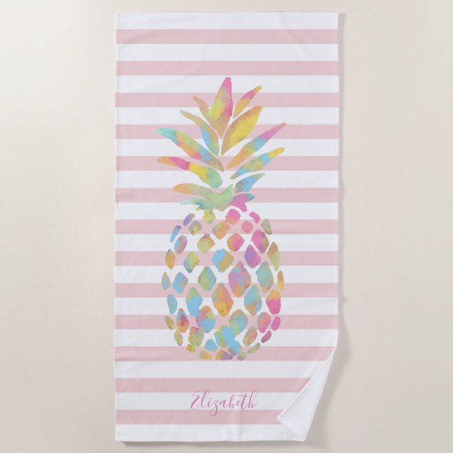 Serviette De Plage Cute Girly Pineapps Pink Stripes - Personnalisé (Devant)
