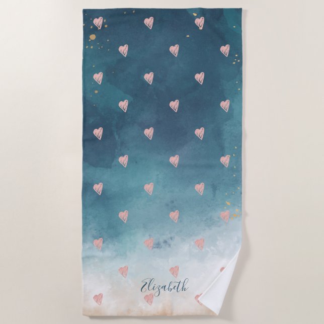 Serviette De Plage Cute Girly Pink Hearts Aquarelle Paint Splash (Devant)