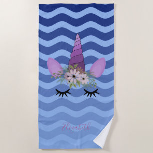 Serviette De Plage Cute Girly Unicorn, Vaves de Navy Blue Ombre