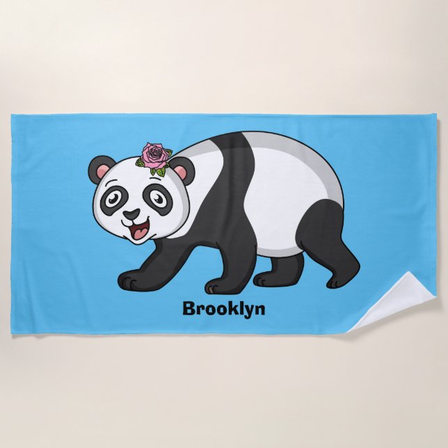 Serviette De Plage Cute happy panda bear with flower cartoon (Devant)