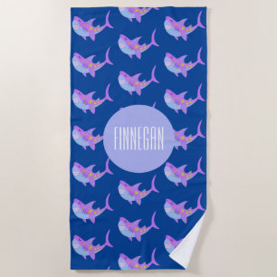 Serviette De Plage Cute Kawaii Souriant requin Motif pourpre bleu Nom