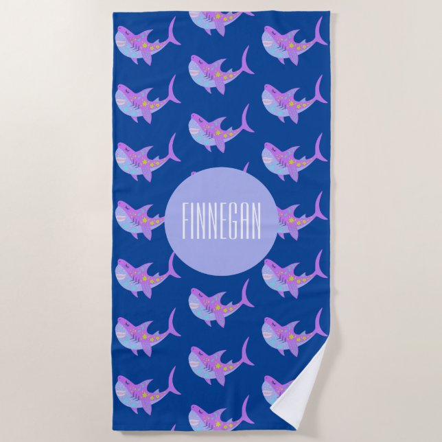Serviette De Plage Cute Kawaii Souriant requin Motif pourpre bleu Nom (Devant)