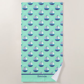Serviette De Plage Cute Kids Motif bateau à voile Sea Green