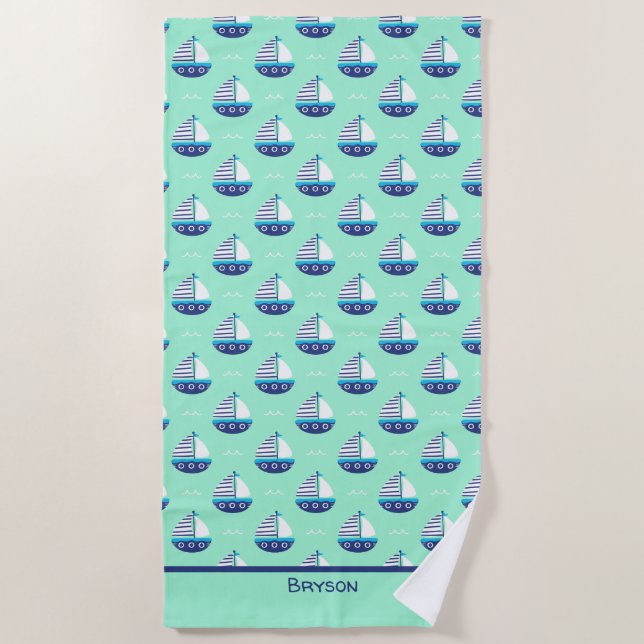 Serviette De Plage Cute Kids Motif bateau à voile Sea Green (Devant)