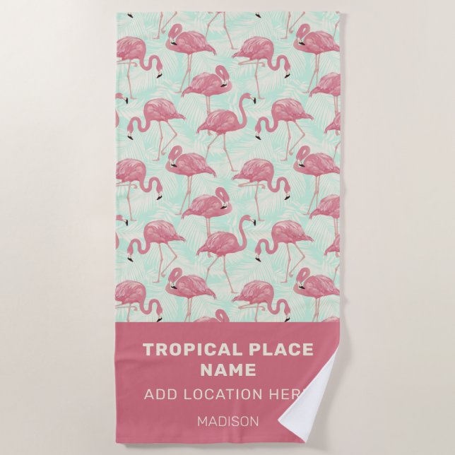Serviette De Plage Cute motif Flamingo texte personnalisé (Devant)