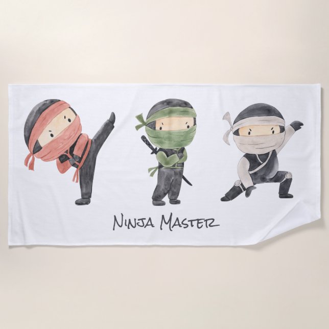 Serviette De Plage Cute Ninja - Design d'aquarelle pour enfants neutr (Devant)