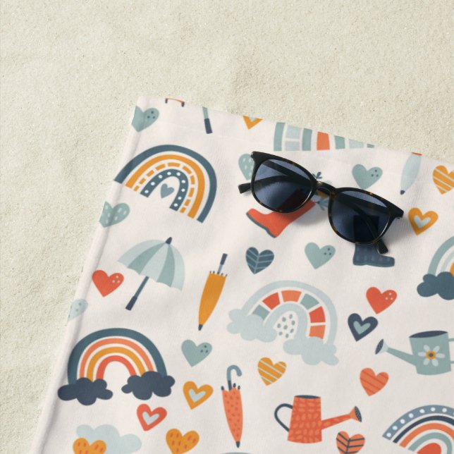 Serviette De Plage Cute Orange Blue Spring Rainbow Clouds Motif (En situation)