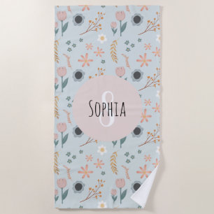 Serviette De Plage Cute Pastel Floral Imprimer Monogramme botanique