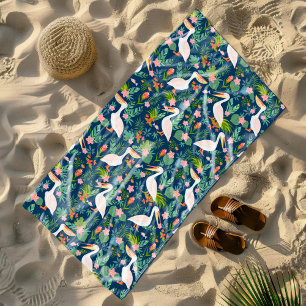 Serviette De Plage Cute pélicans coloré fleurs tropicales motif