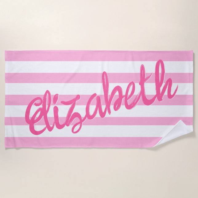 Serviette De Plage Cute Pink Striped Script Name Personalized  (Devant)