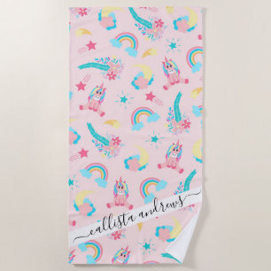 Serviette De Plage Cute Pink Teal Unicorn Rainbow