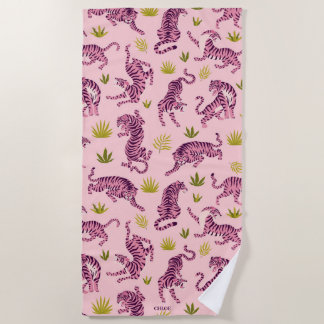 Serviette De Plage Cute Pink Tigers Tropical Leaves Abstract Animal
