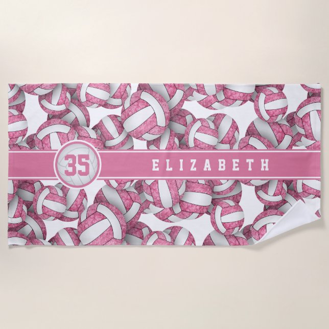 Serviette De Plage Cute rose blanc volleyballs motif personnalisé (Devant)