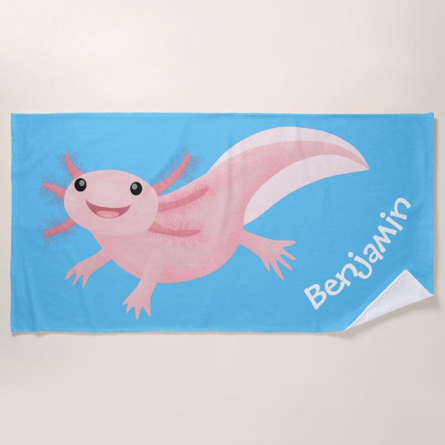 Serviette De Plage Cute rose heureux axolotl personnalisé (Devant)