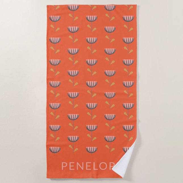 Serviette De Plage Cute Scandinave Orange Floral Personnalisé (Devant)