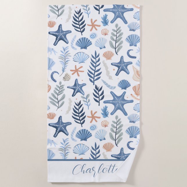 Serviette De Plage Cute Seashell Starfish Nom personnalisé (Devant)