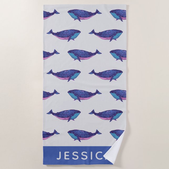 Serviette De Plage Cute Whale Art Motif dans Ocean Blue Personnalisé (Devant)