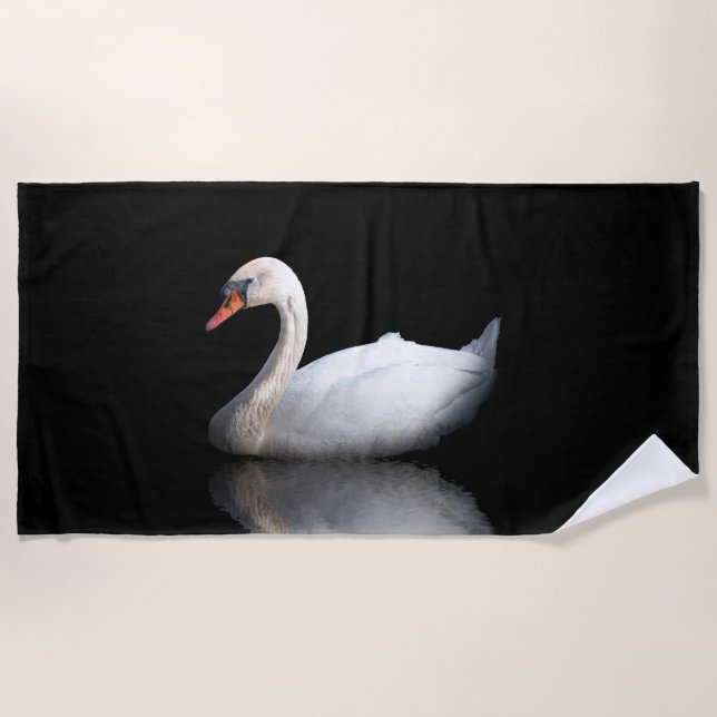 Serviette De Plage Cygne blanc sur noir (Devant)