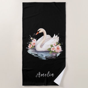 Serviette De Plage Cygne Noir Floral Aquarelle Élégant Nom Unique