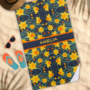 Serviette De Plage Daffodil Floral Nom personnalisé Motif tendance