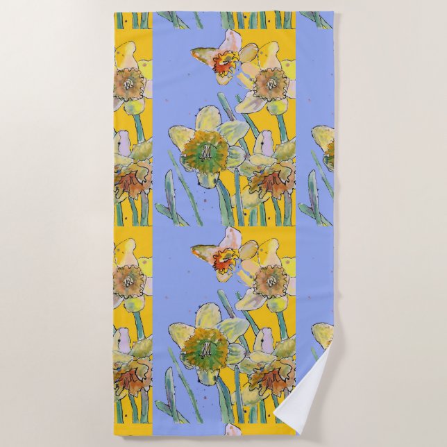 Serviette De Plage Daffodique Fleur Floral Aquarelle Lavande Jaune  (Devant)