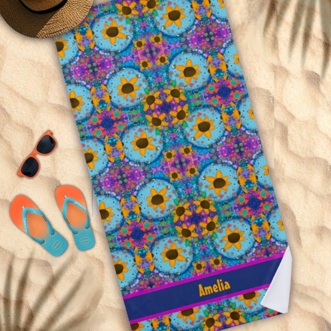 Serviette De Plage Daisy Floral Blue Nom personnalisé Motif tendance (Créateur téléchargé)