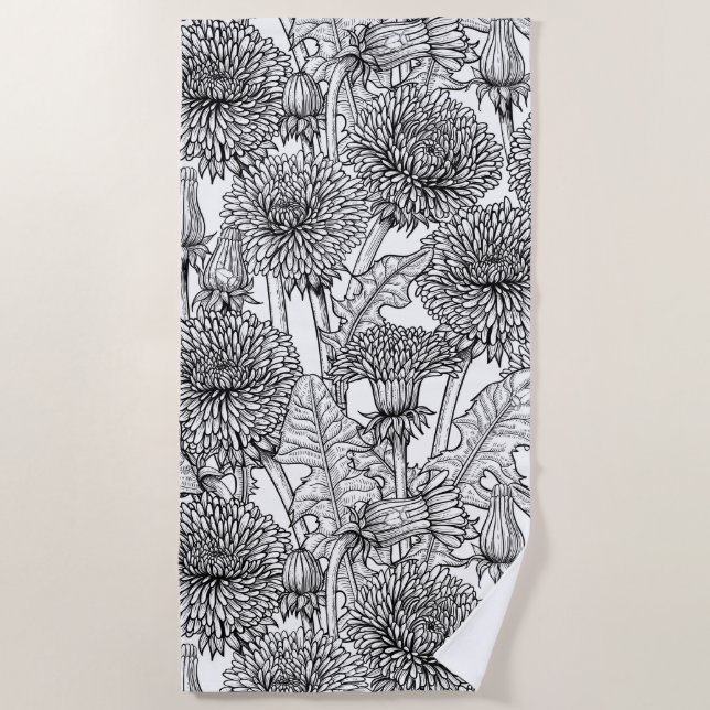 Serviette De Plage Dandelions, noir et blanc (Devant)