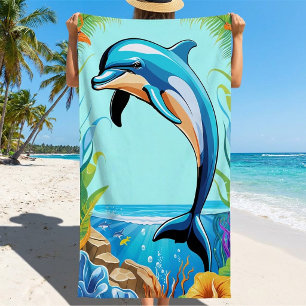 Serviette De Plage Dauphin sautant sur une plage tropicale colorée