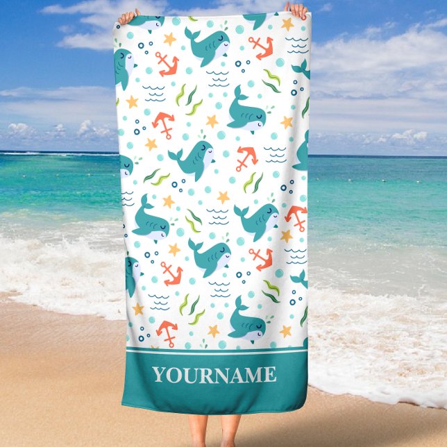 Serviette De Plage Dauphins et Ancres Turquoises et blancs sous la me (Créateur téléchargé)