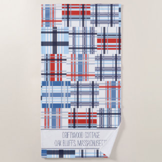 Serviette de plage de Madras rouge, blanc et bleu 